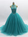 Ball Gown τυρκουάζ Halter Beaded A-line Long Evening Prom Dresses, Cheap Sweet 16 φορέματα, 18356