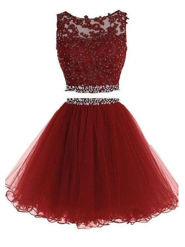 Σέξι δύο κομμάτια Μπορντό δαντέλα Beaded σύντομη Homecoming Φορέματα 2018, CM558