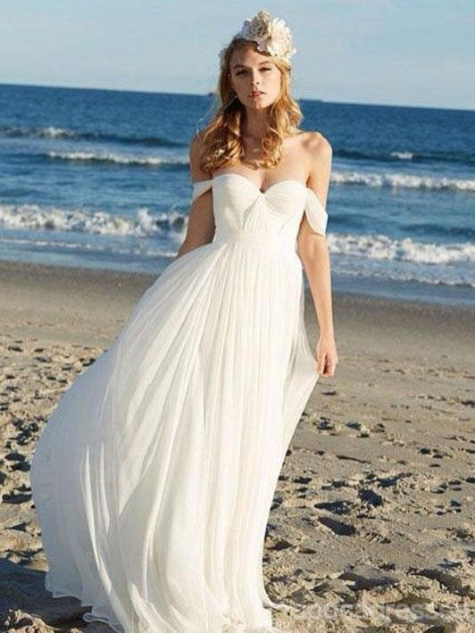 Απλό Off Shoulder Παραλία Γάμο Φορέματα Online, Φθηνά Νυφικά Φορέματα Chiffon, WD437