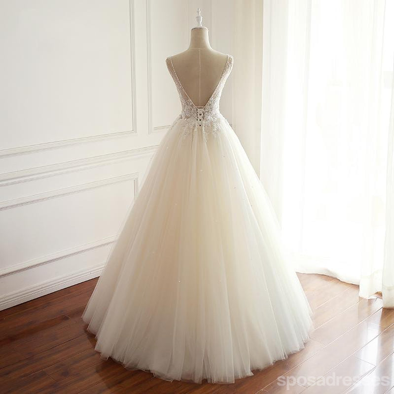 V Neck A-line Lace Long Custom Cheap Wedding Dresses, WD301