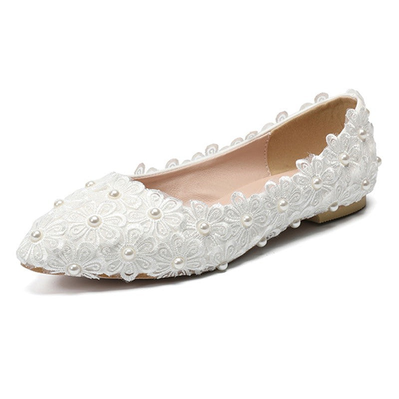 New flat shoes lace pearl pointed toe shallow oral wedding shoes bridesmaid party shoes flower pointed toe single shoes