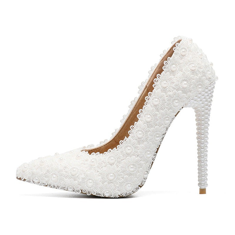 New Women's High Heels Single Shoes Wedding Shoes Stiletto Shoes White Lace Pearl Wedding Shoes