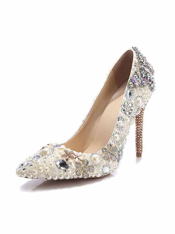 Bride and bridesmaid new European and American colored diamond pearl shoes for women with stiletto heel and super high heel pattern fashion versatile pointed toe shoes