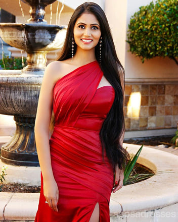 Sexy Red Mermaid One Shoulder Side Slit Maxi Long Party Prom Dresses,Evening Dress,13456