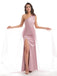 One Shoulder Dusty Pink Slit Long Bridesmaid Dresses Online, WG790