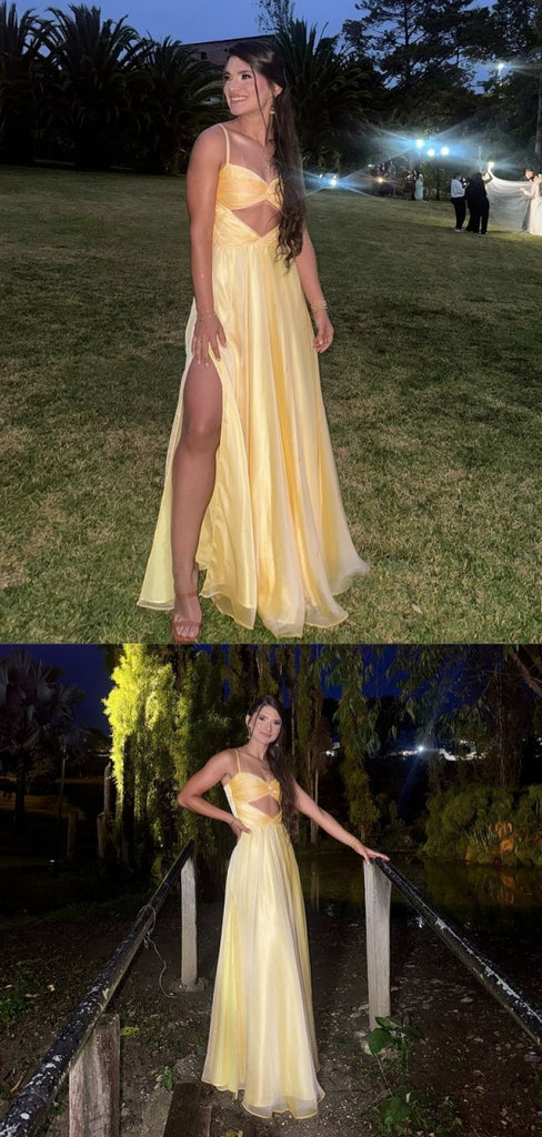 Sexy Yellow A-line Side Slit Long Party Prom Dresses Ideas,Evening Gowns,13699