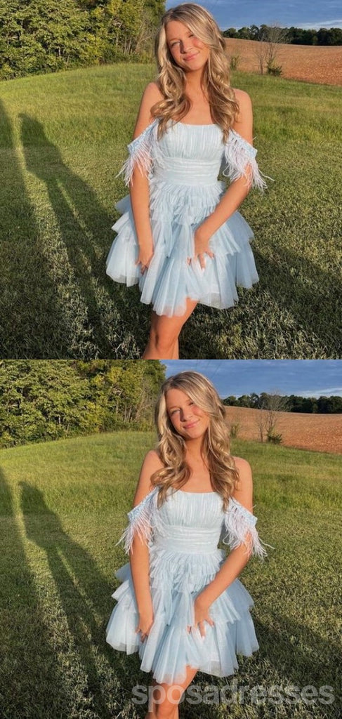 Cute Light Blue A-line Off Shoulder Mini Short Prom Homecoming Dresses,CM982