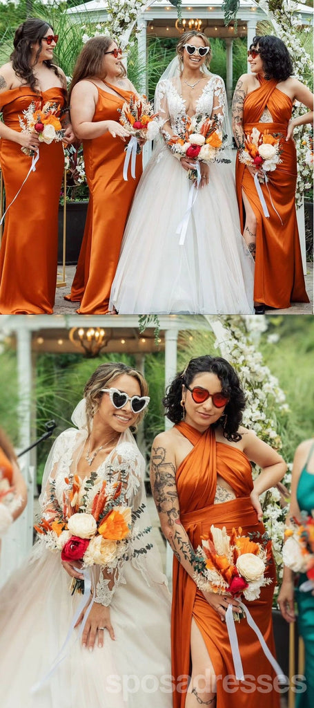 Sexy Burnt Orange Mermaid Side Slit Maxi Long Bridesmaid Dresses For Wedding,WG1778