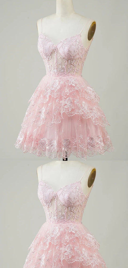 Cute Floral Pink A-line Spaghetti Straps Mini Short Prom Homecoming Dresses Online,CM972