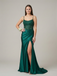 Emerald Green Sequin Satin Prom Dress Sheer Corset Slit Gown, 26013