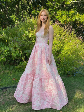 Floral Jacquard Strapless Sweetheart Sheer Corset A Line Prom Dress, 26020