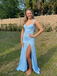 Light Blue Satin Prom Dress Lace Trim Sweetheart Keyhole Back Slit Gown, 26011