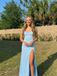 Light Blue Satin Prom Dress Lace Trim Sweetheart Keyhole Back Slit Gown, 26011