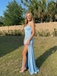 Light Blue Satin Prom Dress Lace Trim Sweetheart Keyhole Back Slit Gown, 26011