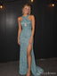 Dusty Blue Sequin Halter Keyhole High Slit Long Maxi Dress PD26028