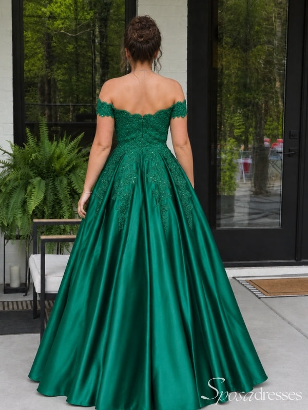 Emerald Green Off the Shoulder Lace Applique Satin Long Prom Dress PD26034