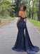 Navy Blue Glitter Beaded Corset Off the Shoulder High Slit Long Prom Dress PD26036