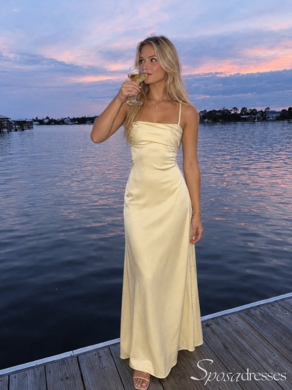 Yellow Satin Cowl Neck Backless Long Maxi Prom Dress PD26037