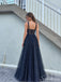 Navy Blue Glitter Tulle Corset Thick Straps Long Prom Dress PD26038