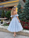 Light Blue Tulle Off the Shoulder Corset Tiered Ruffle Tea Length Prom Dress PD26039