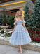 Light Blue Tulle Off the Shoulder Corset Tiered Ruffle Tea Length Prom Dress PD26039