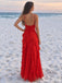 Red Chiffon V Neck Cascading Ruffle Low Back Long Prom Dress PD26040