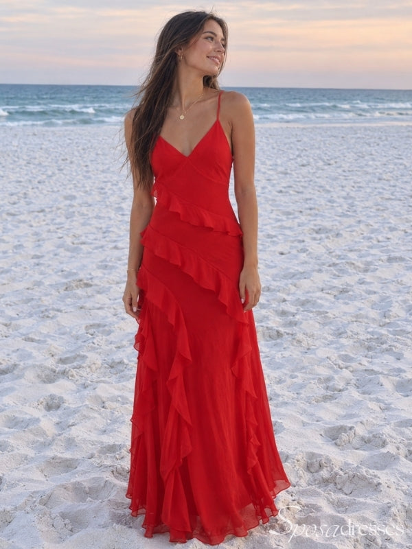 Red Chiffon V Neck Cascading Ruffle Low Back Long Prom Dress PD26040