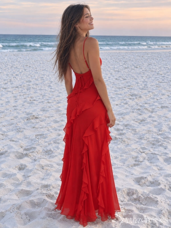 Red Chiffon V Neck Cascading Ruffle Low Back Long Prom Dress PD26040