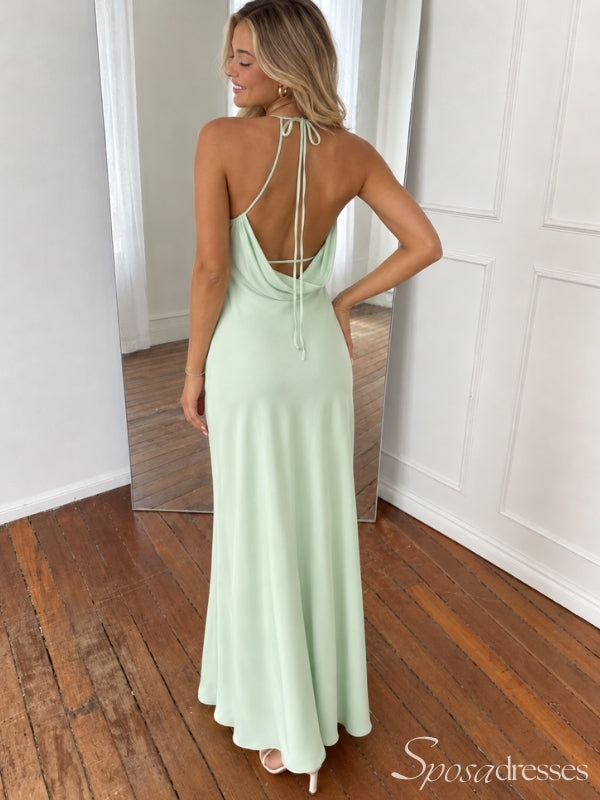 Mint Green Satin Halter Cowl Neck Backless Long Prom Dress PD26041