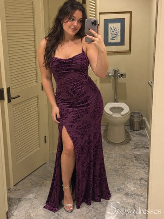 Plum Velvet Cowl Neck High Slit Long Prom Dress PD26043