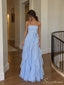 Light Blue Strapless Ruffle Prom Dress with Floral Detail PD26052