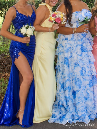 Royal Blue Sequin Corset Mermaid Prom Dress with High Slit PD26058