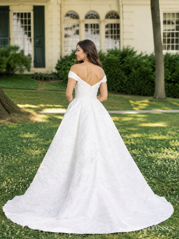 Ivory Off-the-Shoulder A-Line Wedding Dress with V-Back and Train WD26062