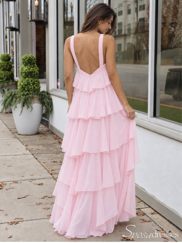 Pink Halter Tiered Ruffle Prom Dress with Low Back PD26063