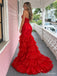 Red Sequin Ruffle High Slit Strapless Mermaid Long Prom Dress PD26064