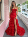 Red Sequin Ruffle High Slit Strapless Mermaid Long Prom Dress PD26064