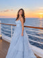 Light Blue Sparkly Tulle Tiered Ruffle Spaghetti Strap Long Prom Dress PD26065