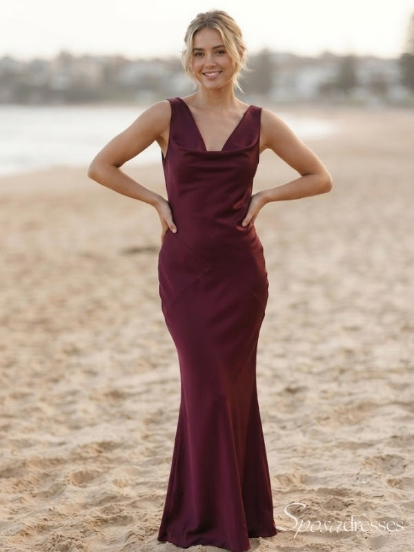 Burgundy Cowl Neck Open Back Long Prom Dress PD26066