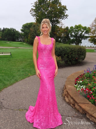 Hot Pink Square Neck Lace Corset Mermaid Prom Dress with Train PD26075
