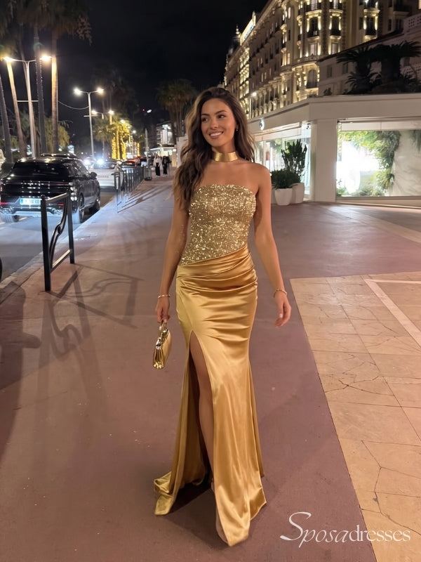 Gold Strapless Embellished Corset Long Prom Dress with Slit PD26081