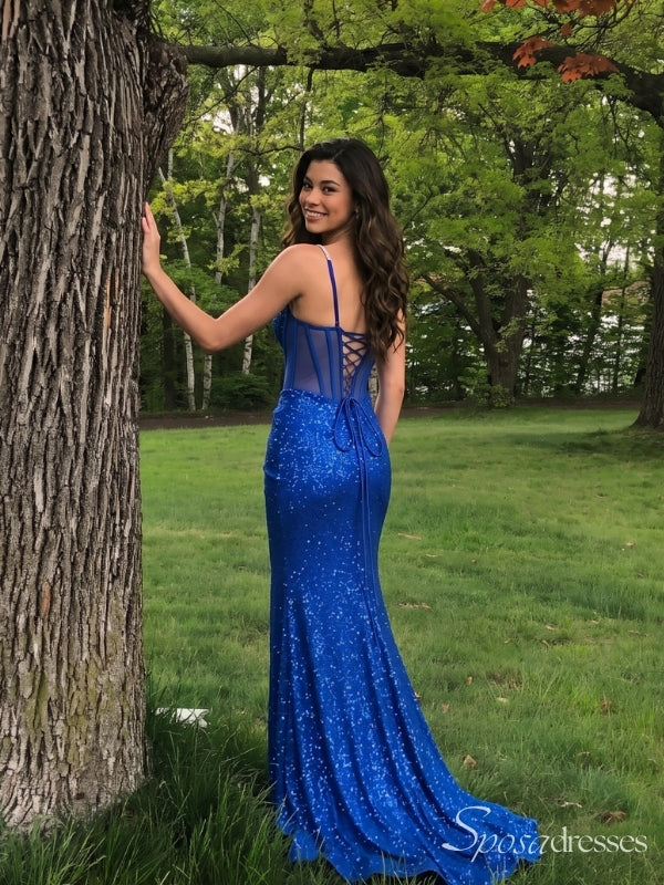 Royal Blue Sparkly Sweetheart Sheer Corset Prom Dress with Slit PD26083