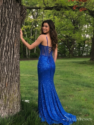 Royal Blue Sparkly Sweetheart Sheer Corset Prom Dress with Slit PD26083
