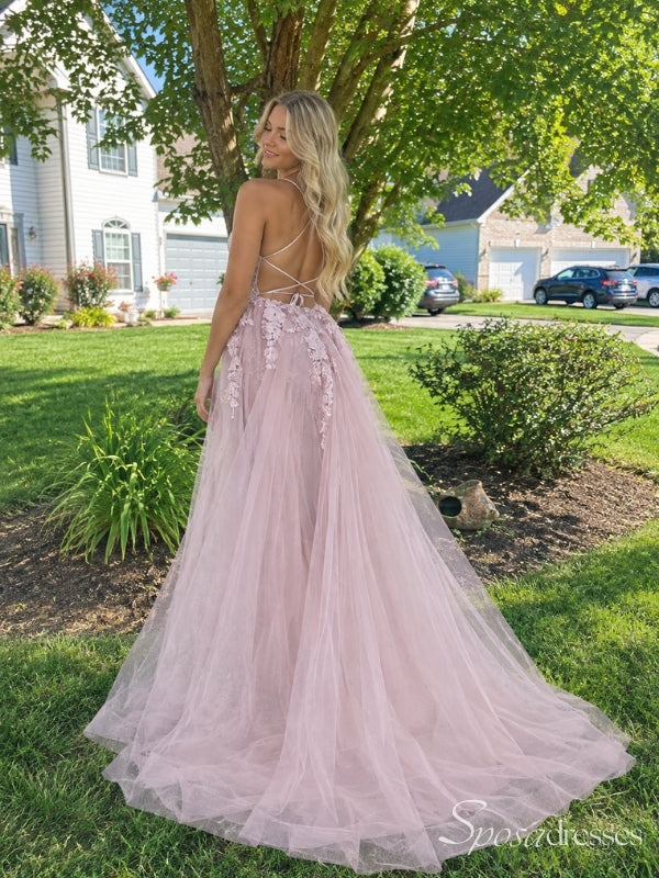 Blush Pink Floral Lace V-Neck A-Line Prom Dress with Train PD26085