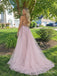 Blush Pink Floral Lace V-Neck A-Line Prom Dress with Train PD26085