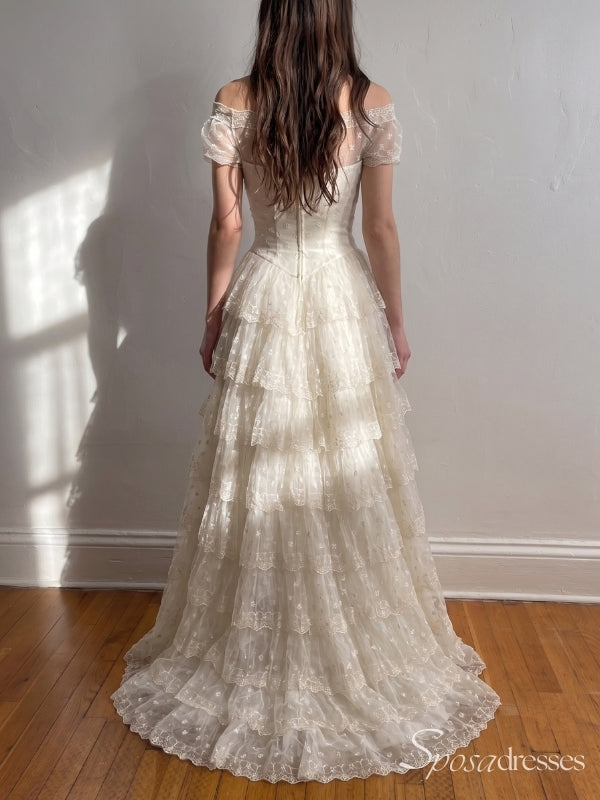 Ivory Off-the-Shoulder Embroidered Lace Tiered A-Line Prom Dress PD26086