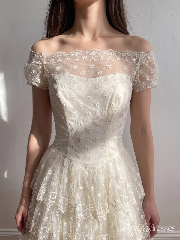Ivory Off-the-Shoulder Embroidered Lace Tiered A-Line Prom Dress PD26086