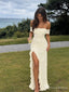 Ivory Off-the-Shoulder Ruched Long Prom Dress with Ruffle Slit PD26093