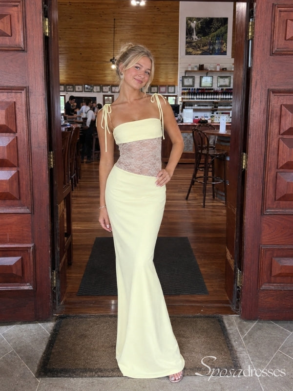 Pale Yellow Bow-Strap Sheer Lace Long Prom Dress PD26095
