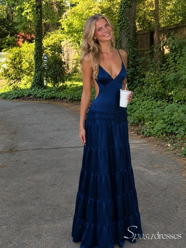 Navy Blue V-Neck Tiered Long Prom Dress with Low Open Back PD26099