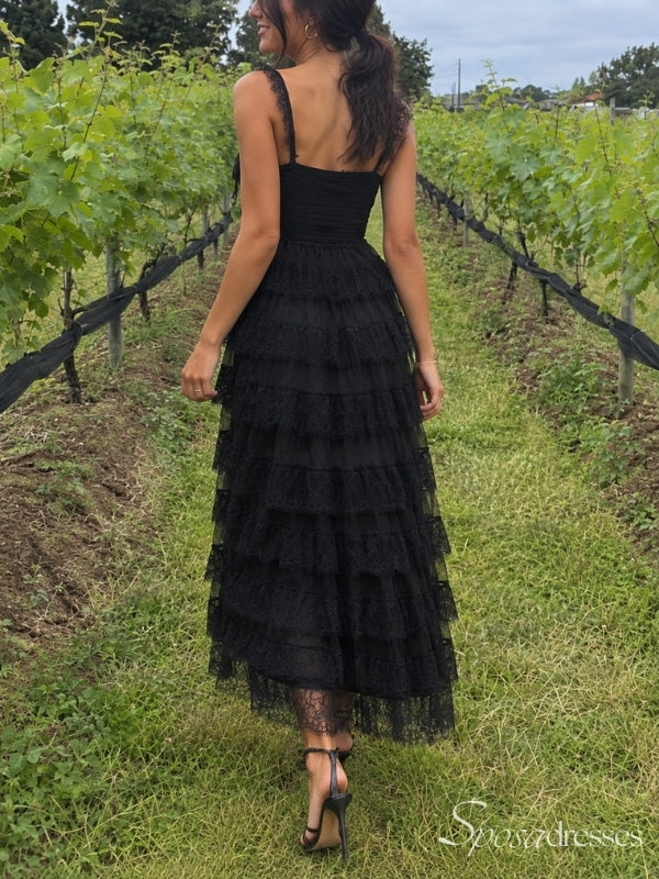 Black Lace Sweetheart Corset Tiered Midi Prom Dress PD26100
